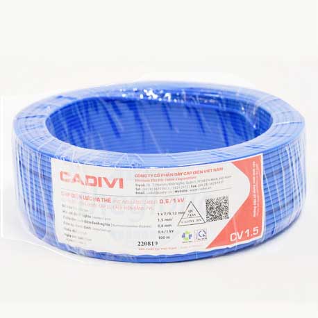Dây cáp điện Cadivi-CV 1.5 màu xanh dương, ruột đồng cách điện PVC, cuộn 100m, giá tính theo mét